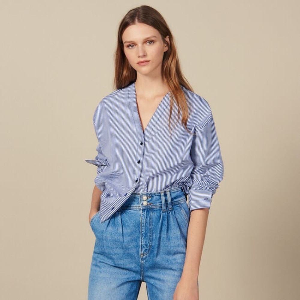 Sandro size FR 1 / Small Navy/White Striped buttoned shirt
